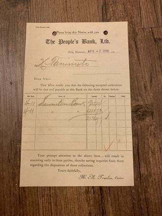 Hawaii Paper Receipt - April 1920 People’s Bank Ltd.  Hilo,  Hawaii Letterhead