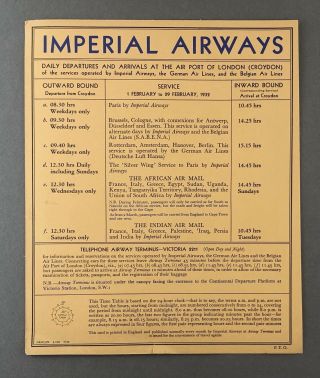 Imperial Airways February 1932 Airline Timetable Travel Agent Card Route Map