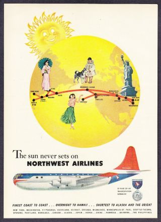1951 Northwest Airlines Plane World Art " Overnight To Hawaii " Vintage Print Ad