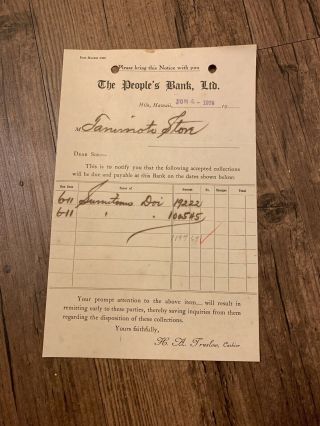 Hawaii Paper Receipt - June 1920 People’s Bank Ltd.  Hilo,  Hawaii Letterhead