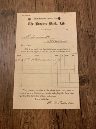 Hawaii Paper Receipt - Feb.  1920 People’s Bank Ltd.  Hilo,  Hawaii Letterhead
