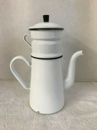 Vintage French Biggin Coffee Pot Enamelware White Black 2 Cups