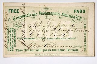 1865 Cincinnati And Indianapolis Junction Railroad Annual Pass S D Shepherd