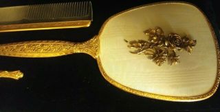 Vintage Vanity Mirror Brush Comb Set 24kt Gold Plated Silk Moire Cream