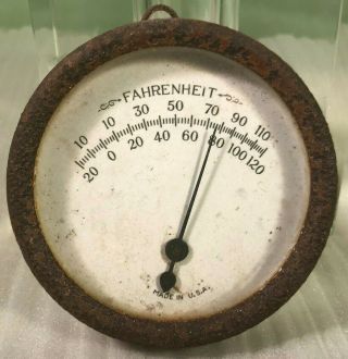 Vintage Antique Metal & Glass Small Round Wall Hanging Fahrenheit Thermometer