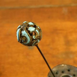 Vintage Art Nouveau Brass Or Gold Filled Blue Enamel Round Ball Swirl Hat Pin