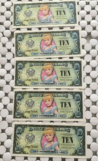 Disney Dollars Five Consecutive Serial Numbers $10s.  Cinderella 2007 Series