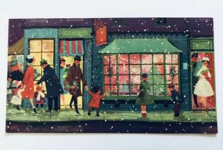 Vintage Christmas Card People Girl Dress Child Glitter Snow Shopping Window Tree