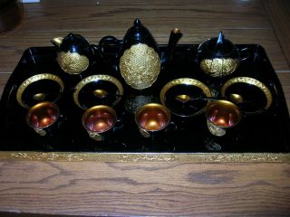 17 Pc Oriental Black Lacquer Tea Set W/ Tray,  Cups,  Bowls,  Spoons,  Pot,  C & S