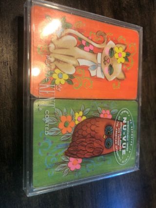 Vtg Owl Cat Kent Playing Cards Double Deck Orange Green Owls Flowers