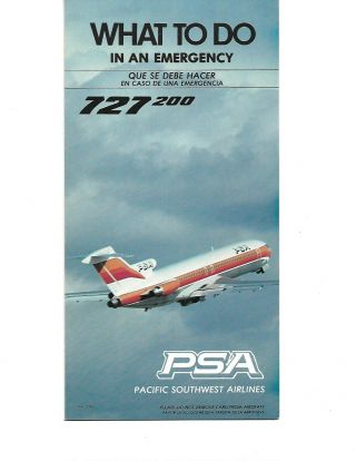 Psa Pacific Southwest Airlines Boeing 727 - 200 Safety Card Rare