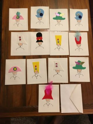 Vintage Handmade Note Cards,  Ladies With Felt/feathered Hats,  Made In Japan