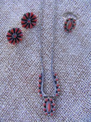 3 Pc.  Set Red Coral Navajo Signed Bb - Bobby Begay Sterling Silver - Very Good Cond.