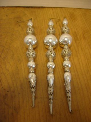 Fancy Icicles Christmas Tree Ornaments Silver Finish 7 1/4 " Set Of 3,
