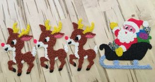 Vintage Plastic Popcorn Christmas Decorations (4) Santa In His Sleigh And 3 Deer