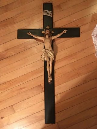 Antique Large Wooden Wall 35” Cross Crucifix W Jesus Corpus Chalkware