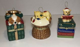 3 Animated Music Box Cat,  Dog,  & Bear By Mr.  Christmas Ornaments Puppy,  Kitten