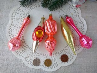 Vintage Christmas Glass Ornaments Set Soviet Pink Silver Icicle Indent Xmas 153