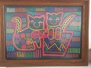 Double Mola Folk Art Textile Kuna Indian Panama Cat Over Birds