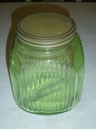 Vintage Large Green Ribbed Depression Glass Hoosier Cookie Jar W/ Metal Lid