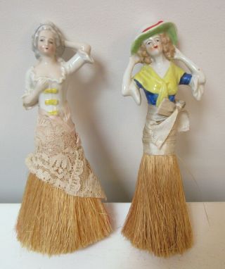 Pair Vintage Porcelain Figural Half - Doll Brushes