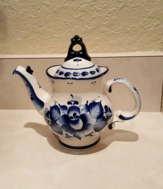 Vintage Dulevo Gzhel Russian Porcelain Brewing Teapot Hand Painted 16 Oz.  Euc