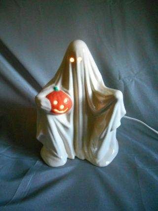 Vintage ceramic light up ghost with pumpkin Halloween décor 2