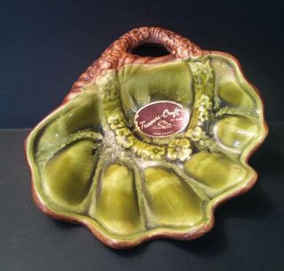 Vtg Hawaii Treasure Craft Usa Pottery Green Brown Sea Shell And Lei Shape Dish