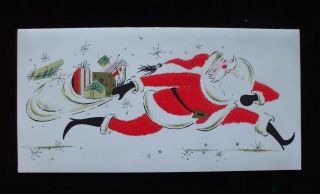 Vintage Christmas Card Santa Claus Dashing With Packages Flocked Suit Midcentury