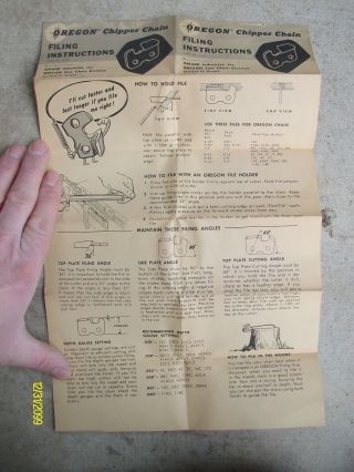 Rare Vintage 1958 Oregon Chipper Chain Saw Filing Instruction Sheet