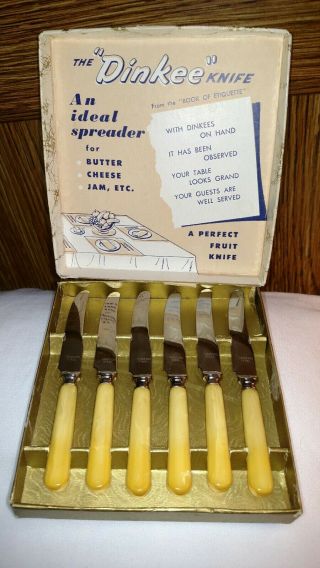 Vintage Set Of 6 Dinklee Knives With Butterscotch Bakelite Handles In.