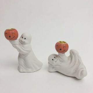 Vintage Ceramic Ghost Pumpkin Candle Stick Holder Halloween Decor Collectible