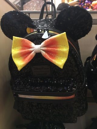 Disney Parks Halloween Minnie Mouse Candy Corn Backpack Loungefly In Hand