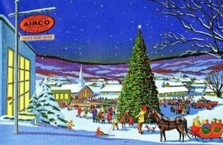 Airco Welding Company Old Car Town Tree Family Kid Vtg Christmas Greeting Card