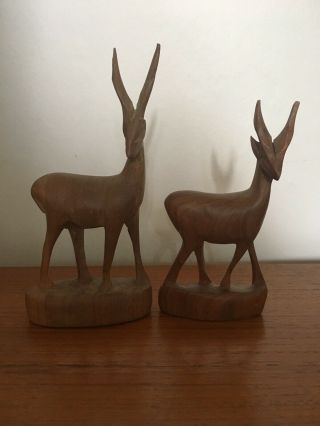 2 Vintage 1960/70s Pair Hand Carved Teak Wooden Antelope Deer Gazelle Ornament