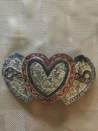 Vintage Crumrine Western Triple Heart Belt Buckle Red Blue & Silver Usa