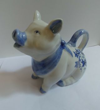 Vintage Porcelain Handpainted Blue & White Pig Creamer Made In Thailand
