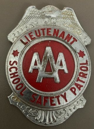 Vintage Aaa Lieutenant School Safety Patrol Full Size Badge Metal Red & Silver