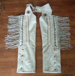 Ladies Creme Glove Soft Leather Western Beaded,  Braided & Fringed Chaps Usa