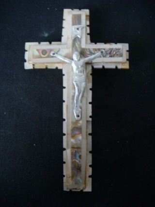 Rrr Rare Antique Mother - Of - Pearl And Wood Jerusalem Cross Crucifix