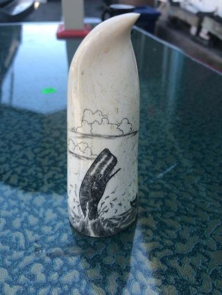 Inuit Eskimo Hand Carved Caribou Bone Scrimshawed Whale And Tall Ships