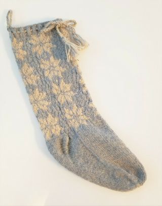 Vtg Nordic Knitted Wool Christmas Stocking Snowflake Cream Pale Blue Norway