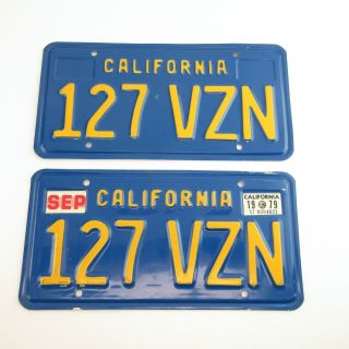 1979 California Gold On Blue License Plate Set 127 - Vzn Rare Dmv Cleared 1970s