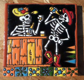 1 Talavera Pottery Tile 6 " Day Of The Dead Woman Man Date Night Bar Drinks Beer