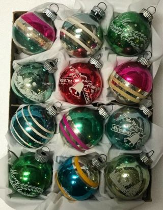 Vintage Set Of 12 Mercury Glass Merry Christmas Ornaments 2” Bulbs
