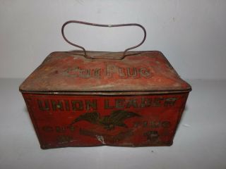 Vintage Union Leader Cut Plug Red Tobacco Tin Lunch Box Bale Handle Latch