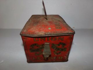 Vintage Union Leader Cut Plug Red Tobacco Tin Lunch Box Bale Handle Latch 2