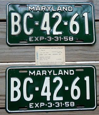 1958 Maryland Yom Pair License Plate Tag Number Bc 4261 Classic Md Vintage