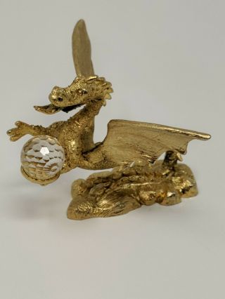 Vintage Spoontiques Pewter Painted Gold Dragon With Crystal Ball Cm 603