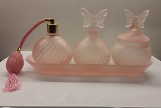 Pink Satin Glass 4 Piece Dresser Vanity Set - Elegant